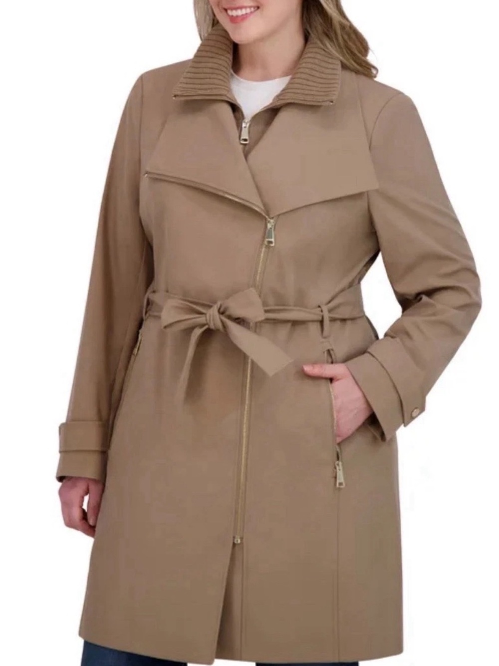 Halston Brown Taupe Belted Trench Coat